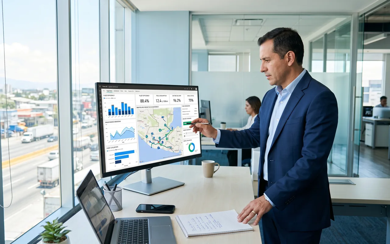 Dashboard de Power BI con indicadores de flota, combustible y entregas